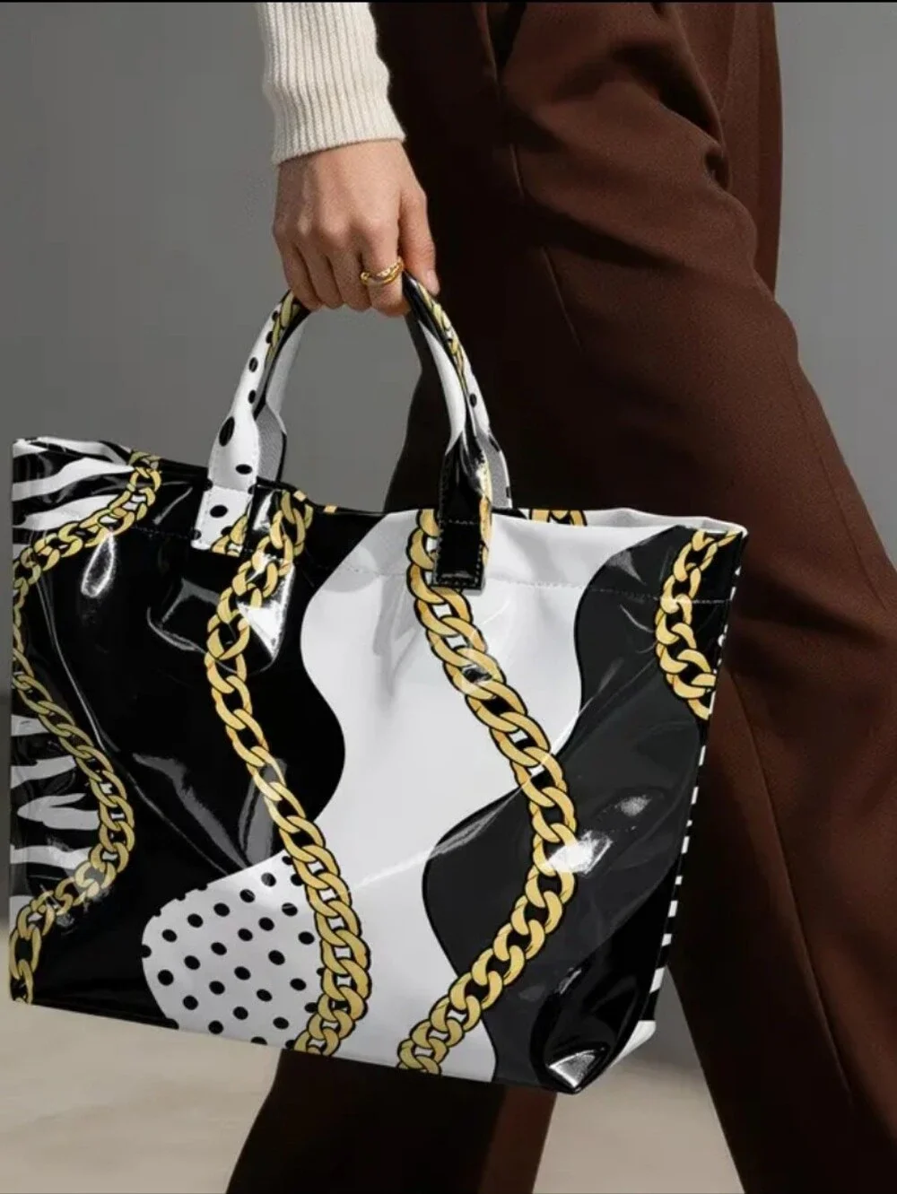 Women Animal Chain Print Glossy Hand Tote Bag Large Daily Commuter Tote